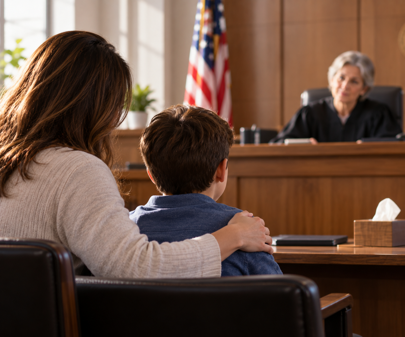 A child sits in a hallway near a courtroom door